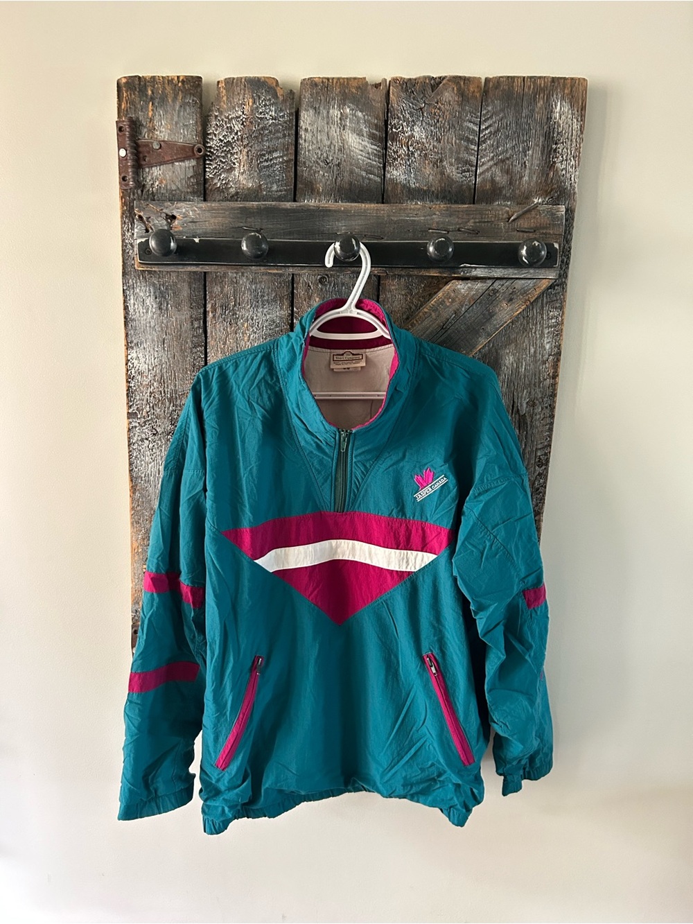Men's Vintage Teal and Magenta Windbreaker Jacket with Jasper Canada on Left